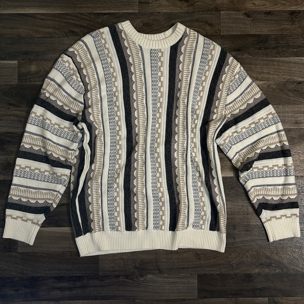 Hollister Men’s 3D Knit Sweater Beige Brown Black Textured Coogi Style Size L